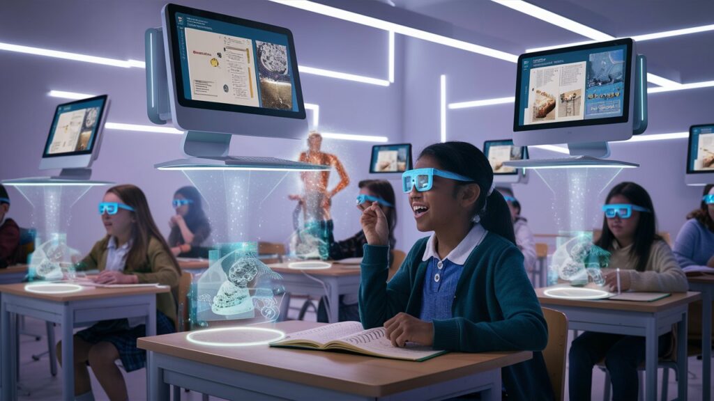 a girl wearing glasses and sitting at a desk with a computer screen